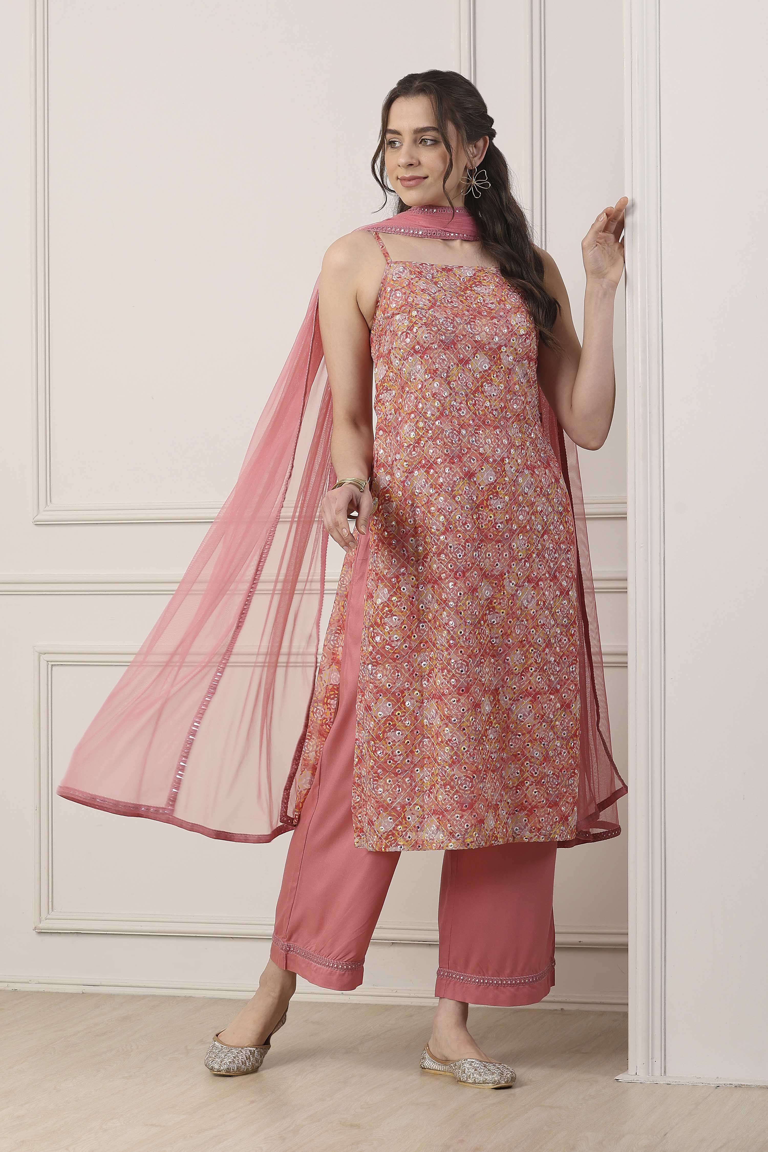 Peach Poly Georgette Floral Thread Work Straight Suit Set image number 0