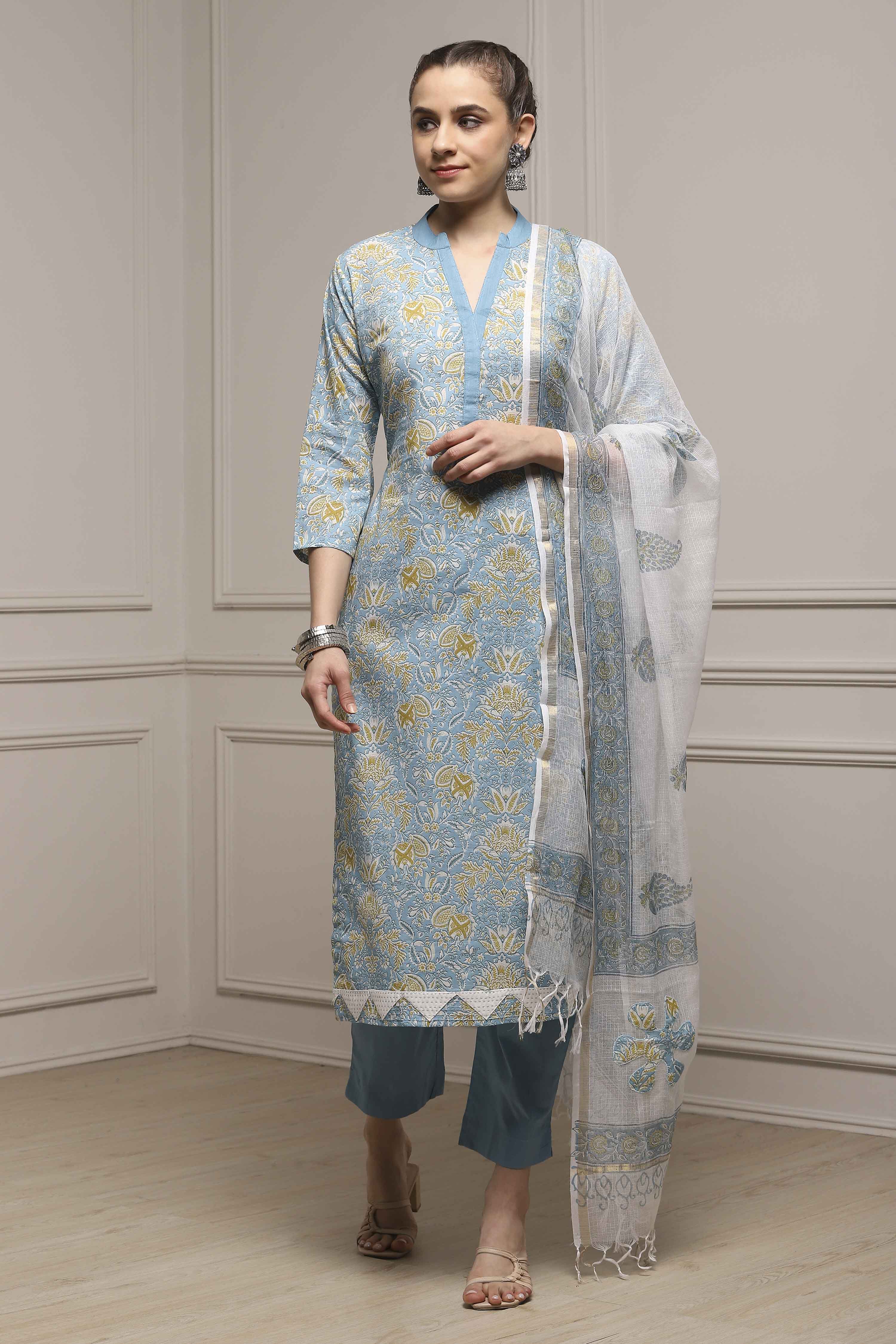 Pink Cotton Hand Block Print Unstitched Suit Set image number 1