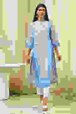 Blue and White Cotton Printed Straight Kurta image number 5