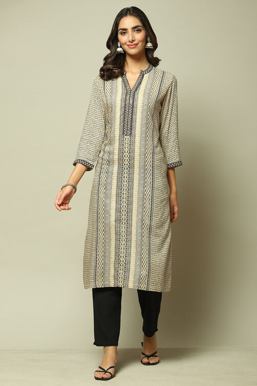 Beige & Black LIVA Straight Printed Kurta image number 2