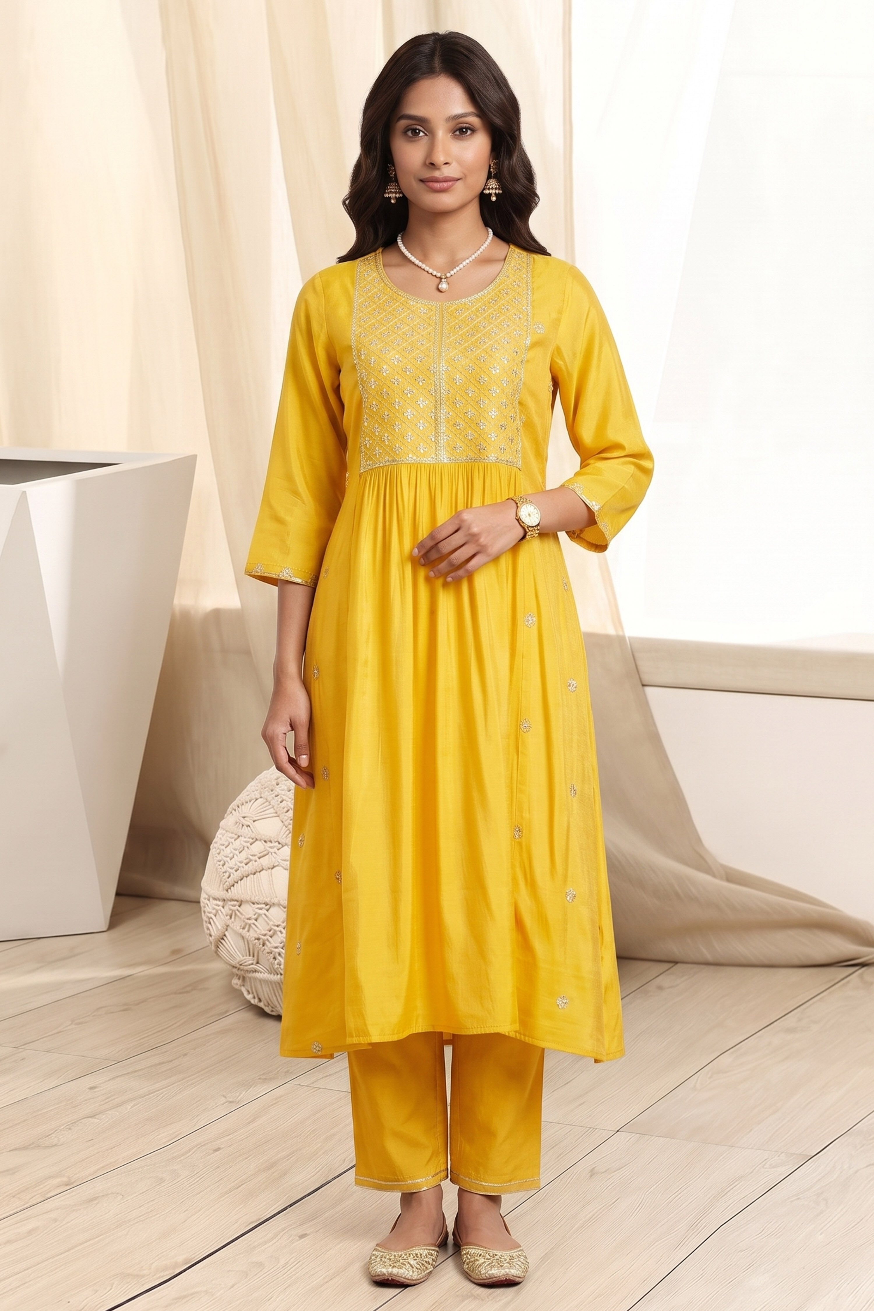 Yellow Polyester A Line Kurta image number 5