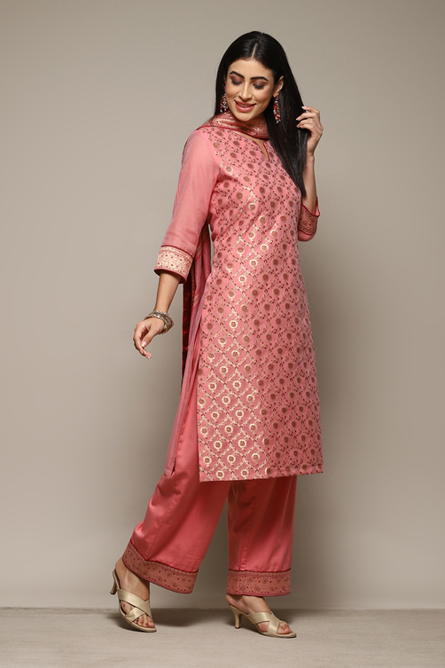 Mustard Cotton Blend Straight Yarndyed Kurta Palazzo Suit Set image number 6