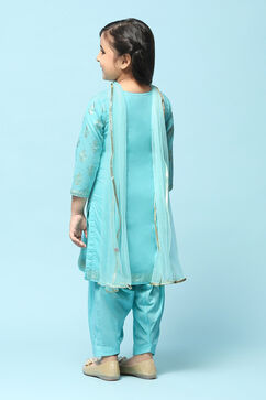 Turquoise Cotton Straight Printed Kurta Patiala Salwar Suit Set image number 5