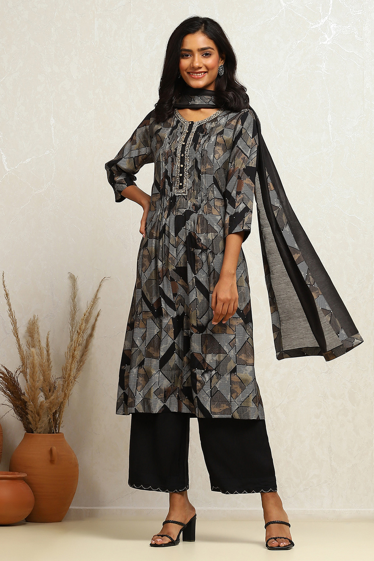 Biba by Rohit Bal Black Modal Printed Gathered Suit Set