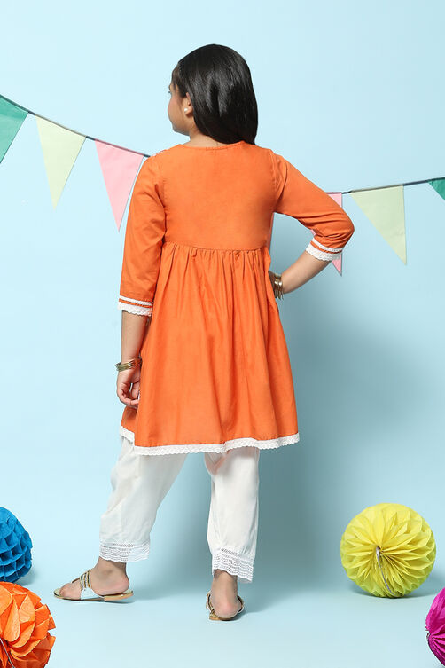 Orange Cotton Gathered Kurta Salwar 2 Piece Set image number 4