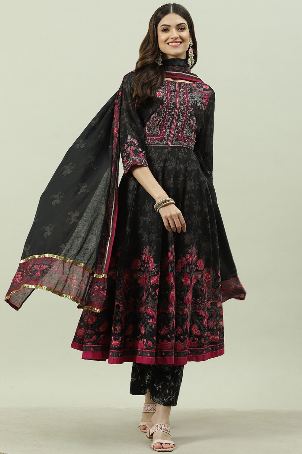Black Cotton Silk Anarkali Kurta Palazzo Suit Set at Biba India