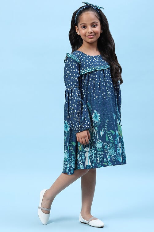 Blue Rayon Flared Printed Dress image number 0