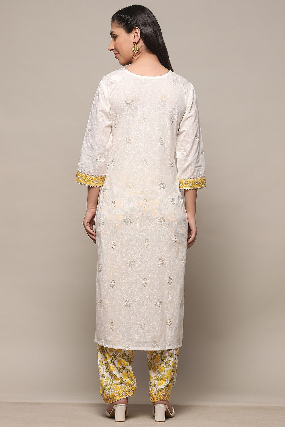 Yellow White Cotton Unstitched Suit set image number 6