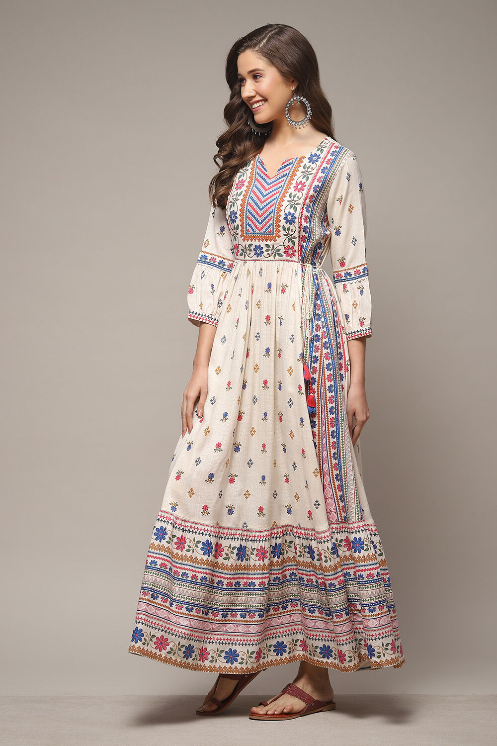 Ecru LIVA Tiered Printed Dress image number 3