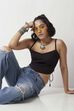 Black Cotton Fitted Strappy Crop Top
