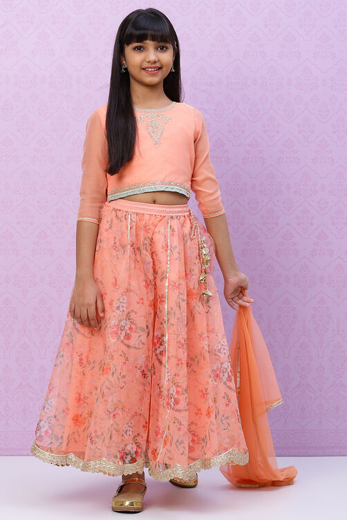 Peach Straight Poly Cotton Girls Lehenga Set image number 4