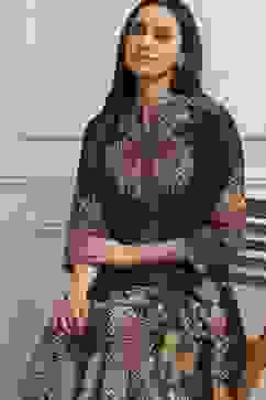 Charcoal Cotton Kalidar Printed Kurta Pants Set image number 7