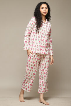 Off White & Pink Cotton Printed 2 Piece Sleepwear Set image number 5