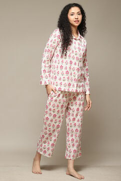 Off White & Pink Cotton Printed 2 Piece Sleepwear Set image number 5
