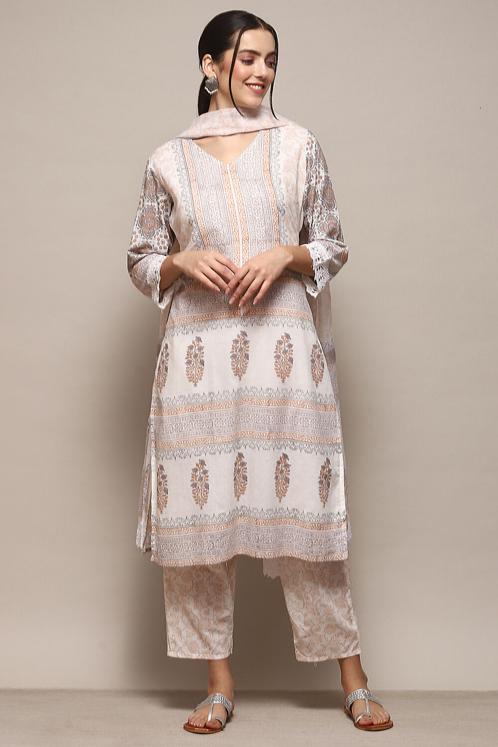 Beige Cotton Machine Embroidered Unstitched Suit Set image number 1