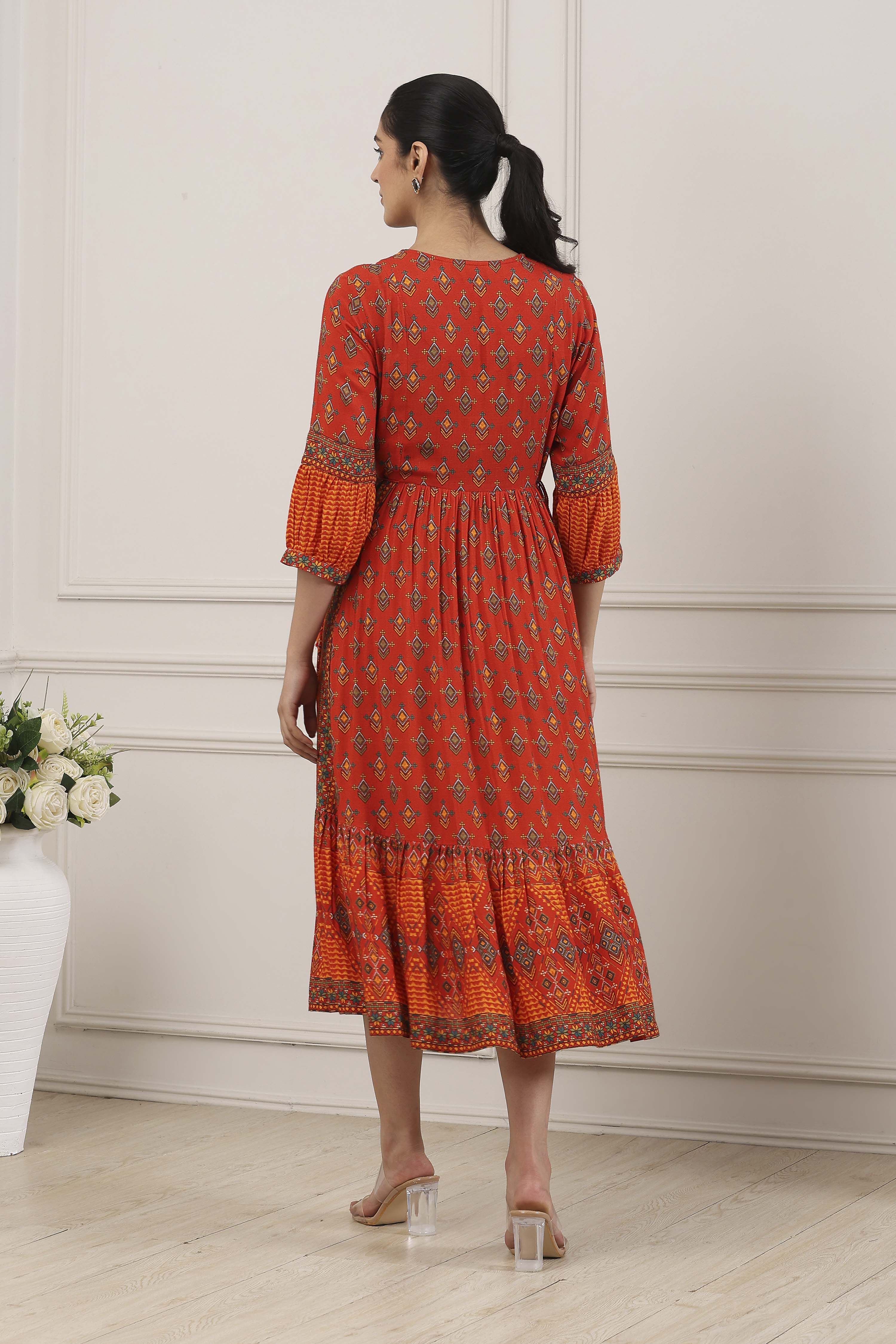 Rust Viscose Rayon Anarkali Dress image number 3