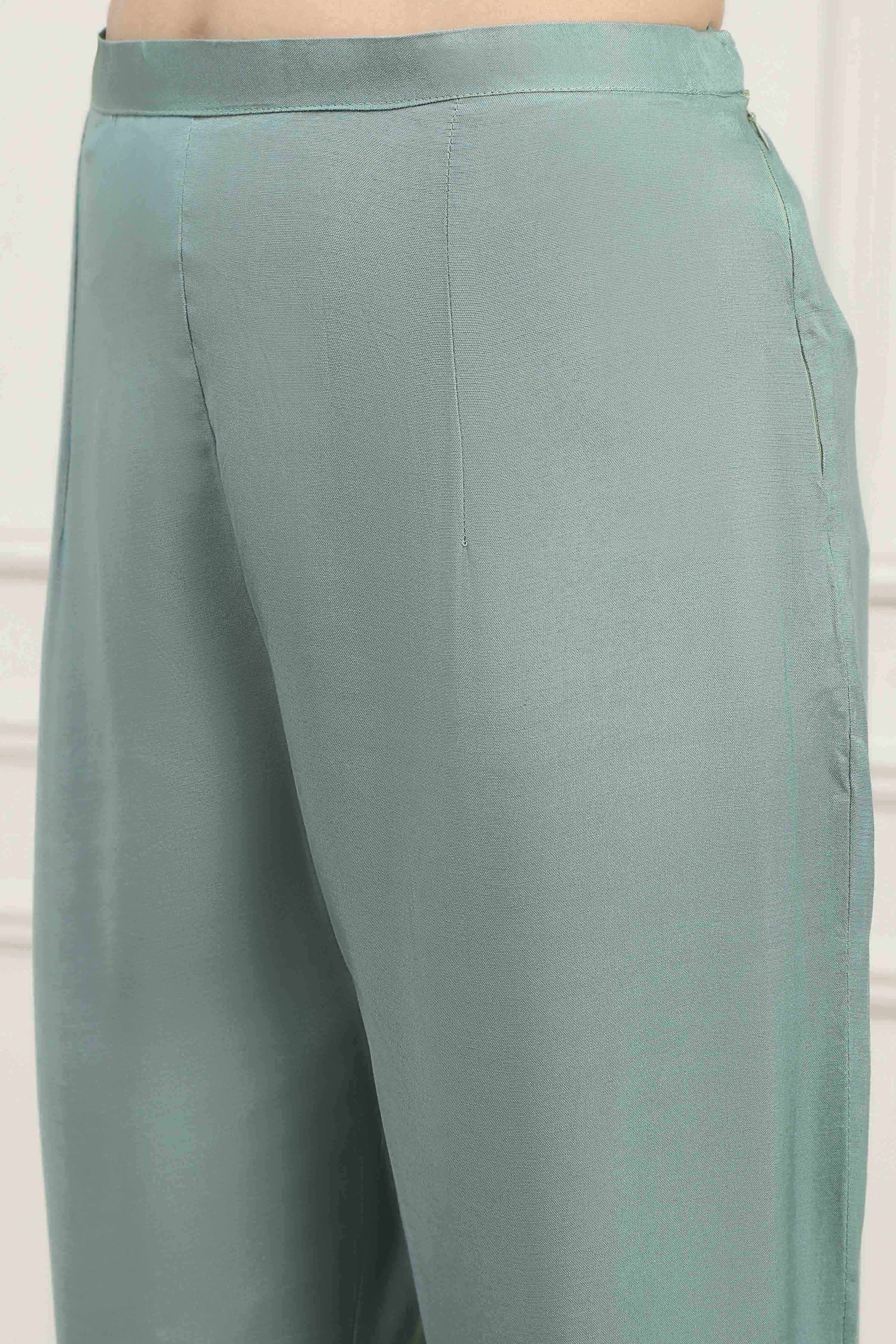 Dull Green Viscose Organza Hand Embroidered Unstitched Suit Set image number 3