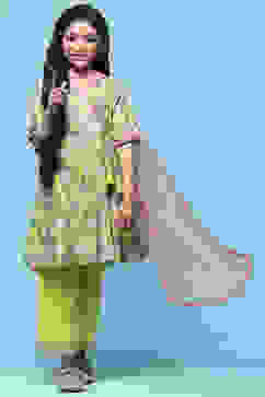 Yellow Gathered Cotton Kurta With Palazzo & Net Dupatta image number 7