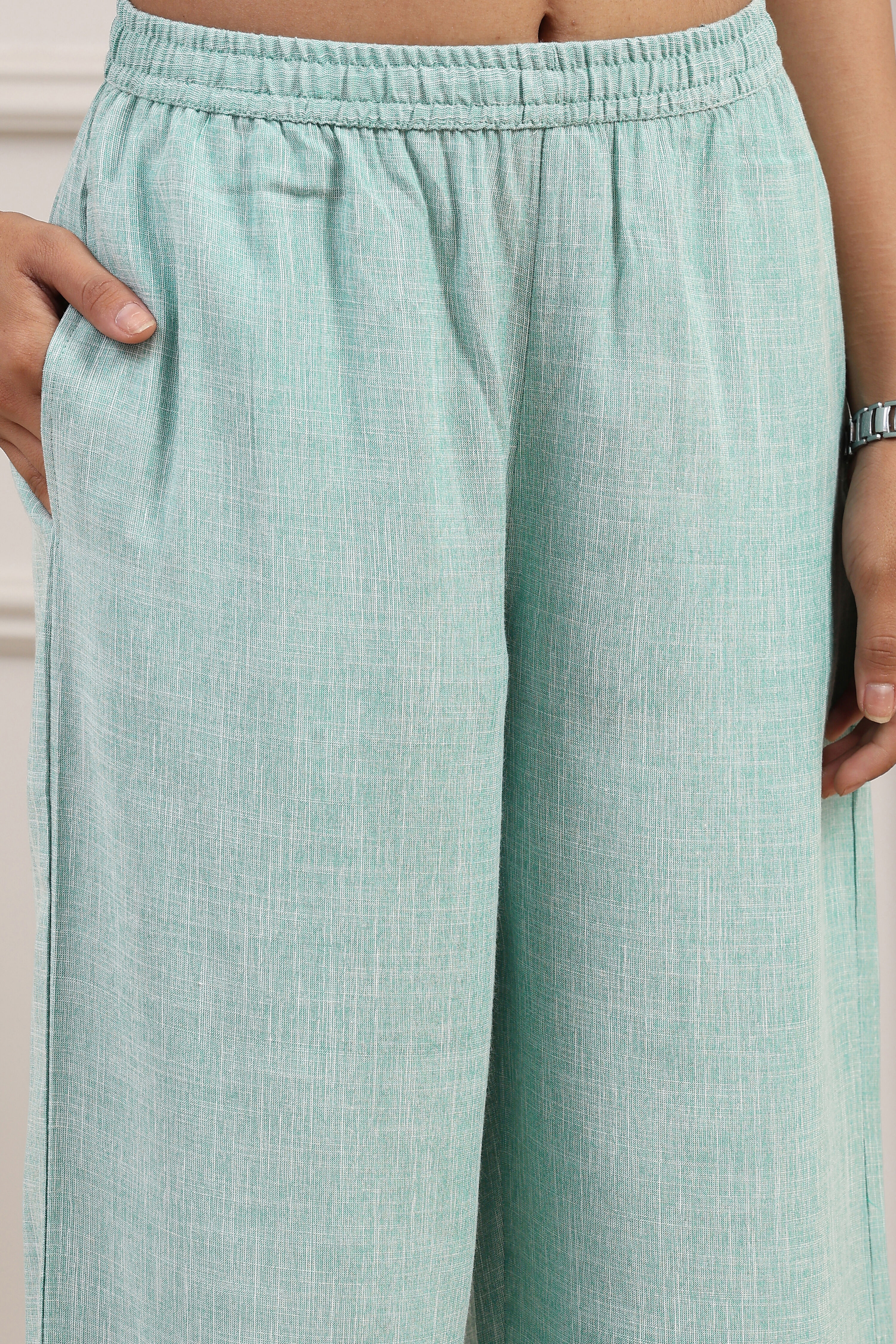 Turquoise Polyester Yarndyed Straight Suit Set image number 2