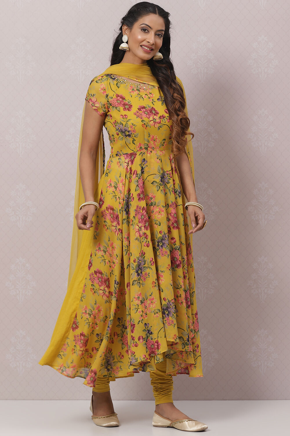 Mustard Cotton Asymmetric Kurta Churidar Suit Set image number 6