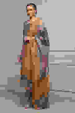 Brown Chanderi Blend Printed Embroidered Unstitched Suit Set image number 4