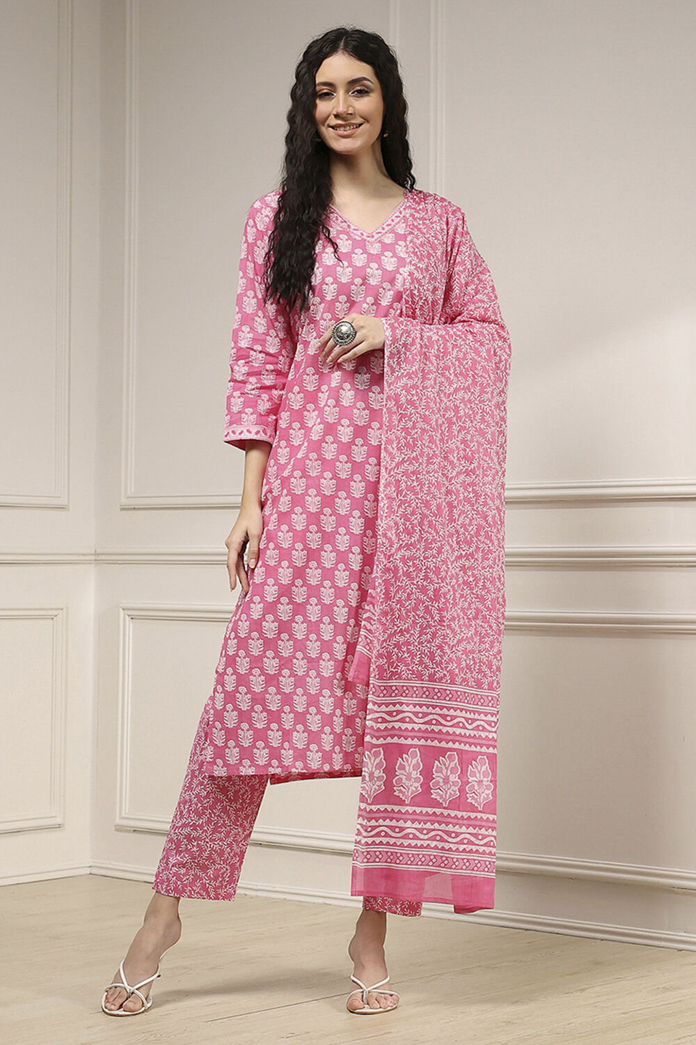 Pink Cotton Screen Print Unstitched Suit Set image number 1