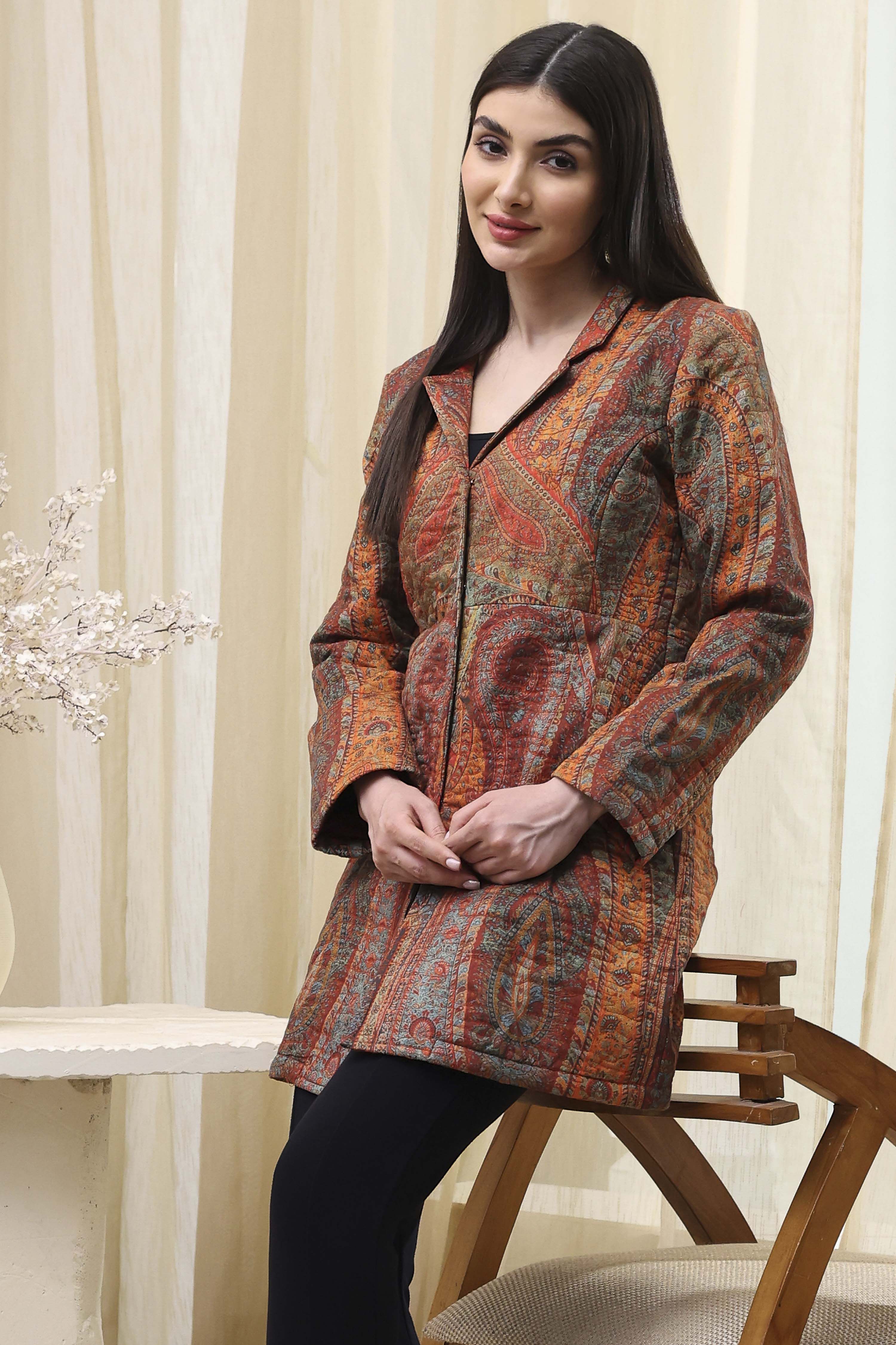 Burnt Orange Rayon Straight Printed Jacket image number 6
