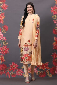 Rohit Bal Peach Cotton Silk Straight Printed Suit Set image number 7