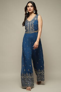 Blue Viscose Straight Embroidered Jumpsuit image number 2