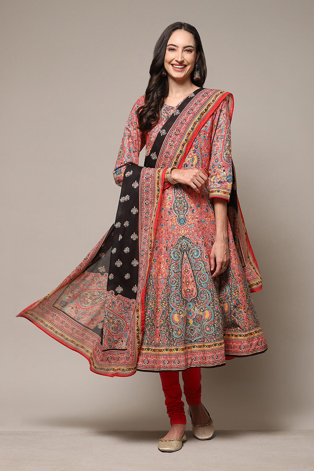 Red Cotton Anarkali Kurta Churidar Suit Set Biba India