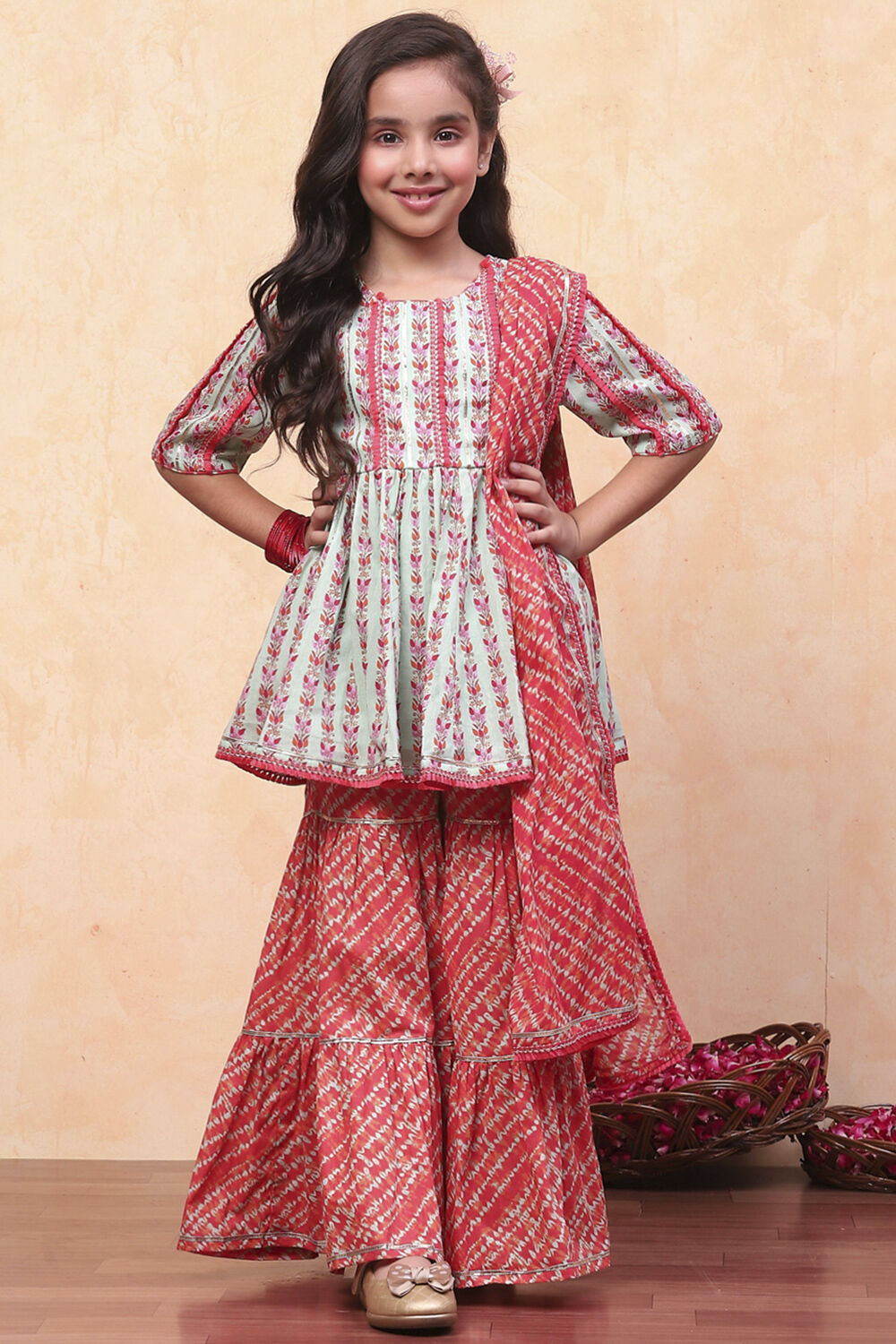 Aqua and Coral Pure Cotton Printed Peplum Suit Set image number 0