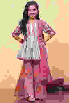 Aqua and Coral Pure Cotton Printed Peplum Suit Set image number 0