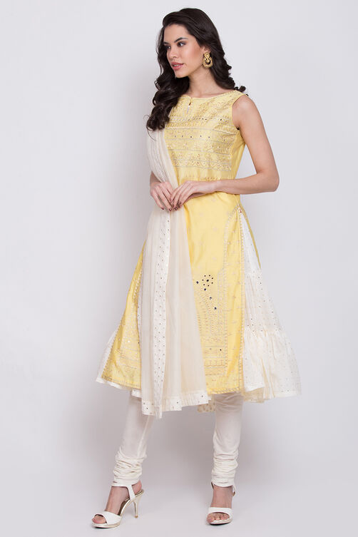 Yellow Cotton Silk A-Line Kurta Churidar Suit Set image number 2