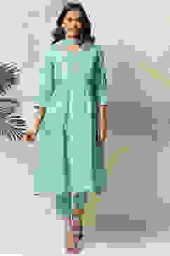 Sea Green Viscose Kalidar Kurta Slim Pant Suit Set image number 0