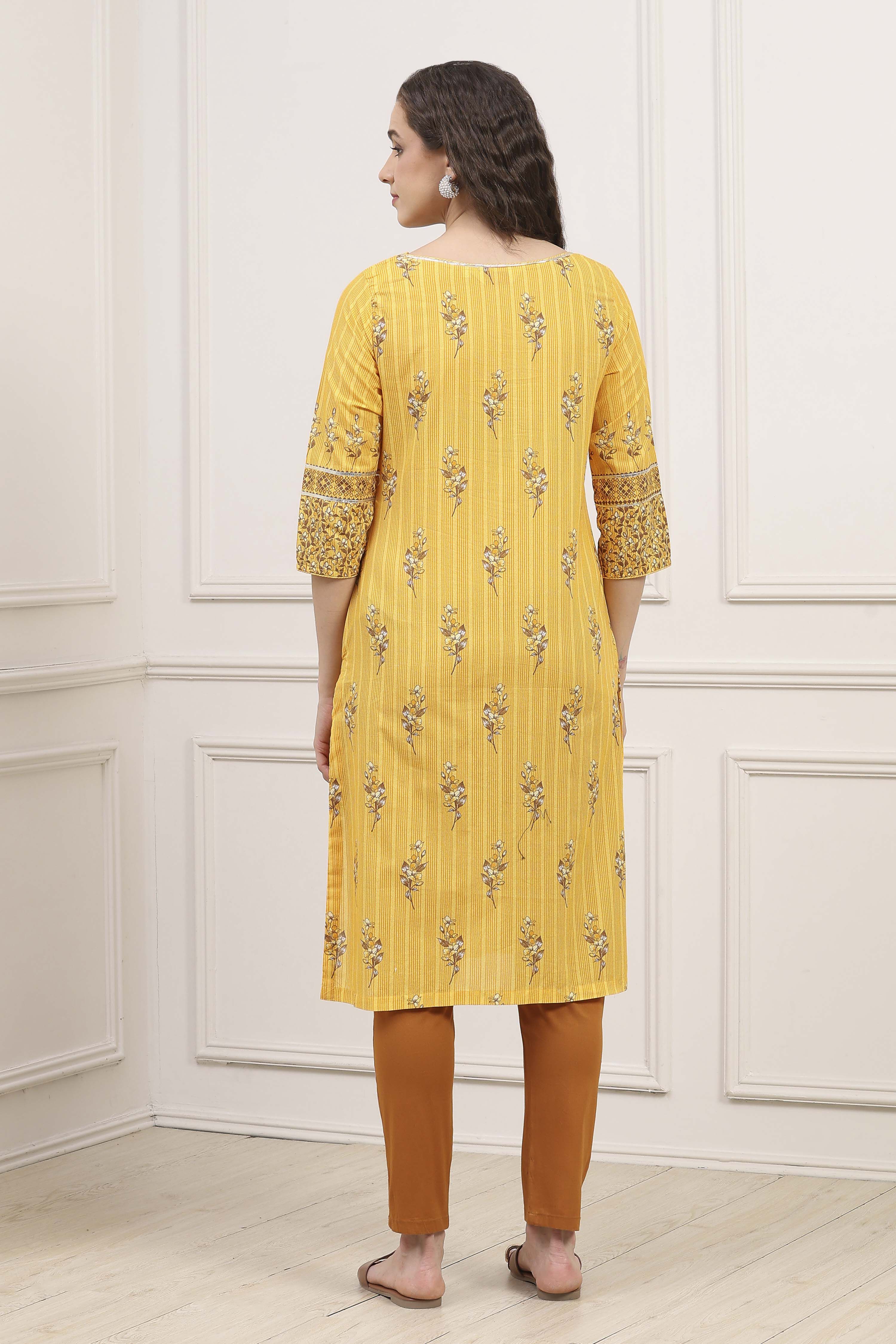Yellow Cotton Straight Printed Kurta image number 3