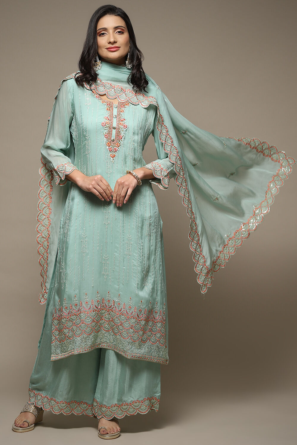 Turquoise Organza Machine Embroidered Unstitched Suit Set image number 1