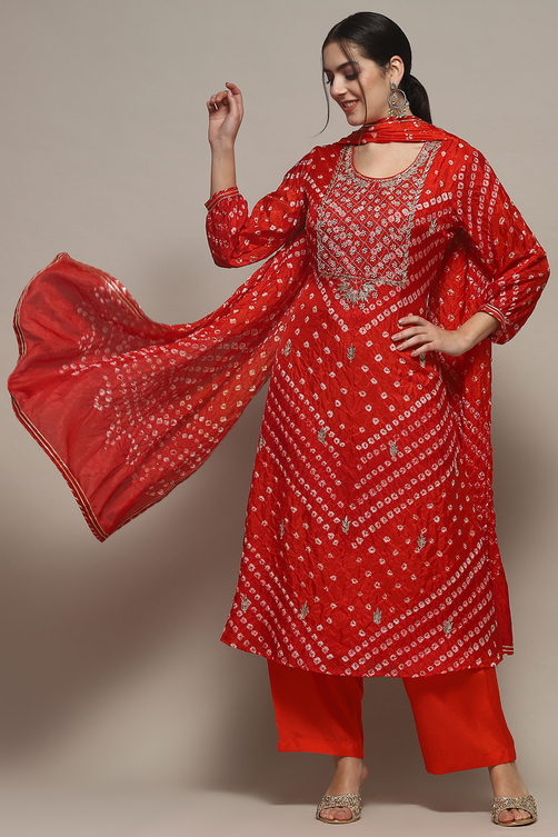 Orange Silk Blend Unstitched Suit set image number 1