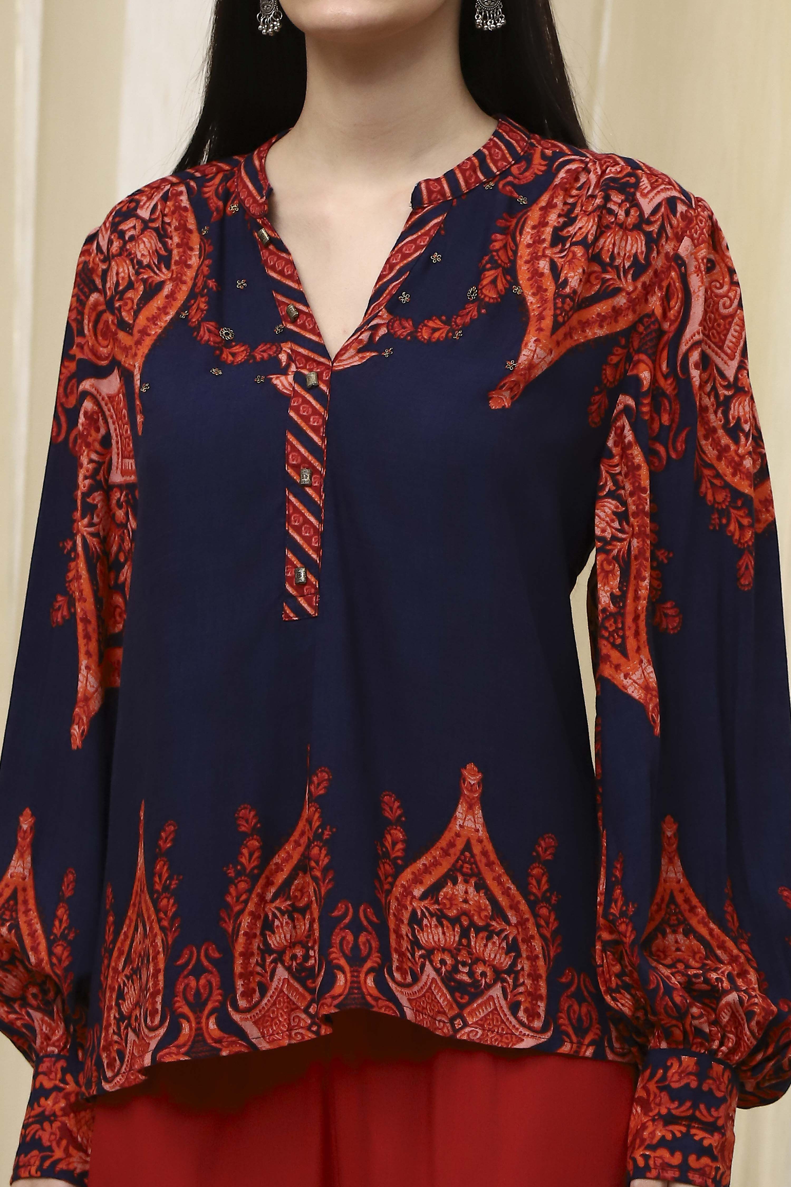 Blue Printed High-Low Top image number 1