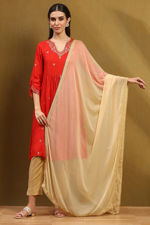 Cream Polyester Dupatta image number 4