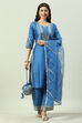 Blue Cotton Silk Straight Kurta Palazzo Suit Set image number 7