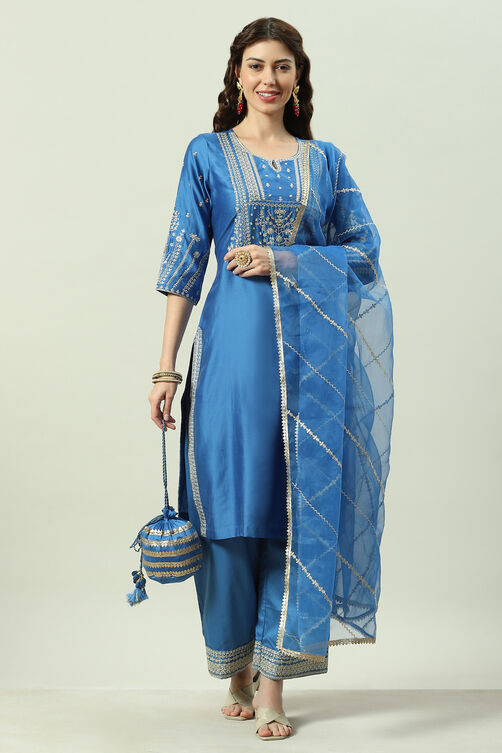 Blue Cotton Silk Straight Kurta Palazzo Suit Set image number 7