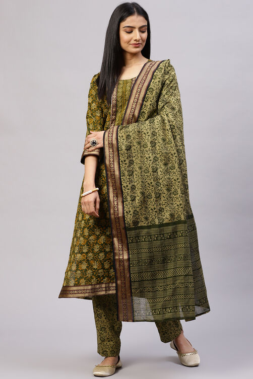 Olive Cotton Woven Unstitched Suit Set image number 0
