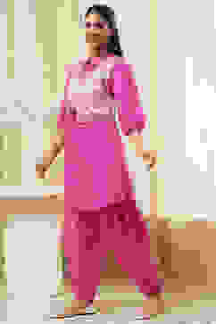 Pink and White Cotton Pathani Straight Kurta Set image number 2