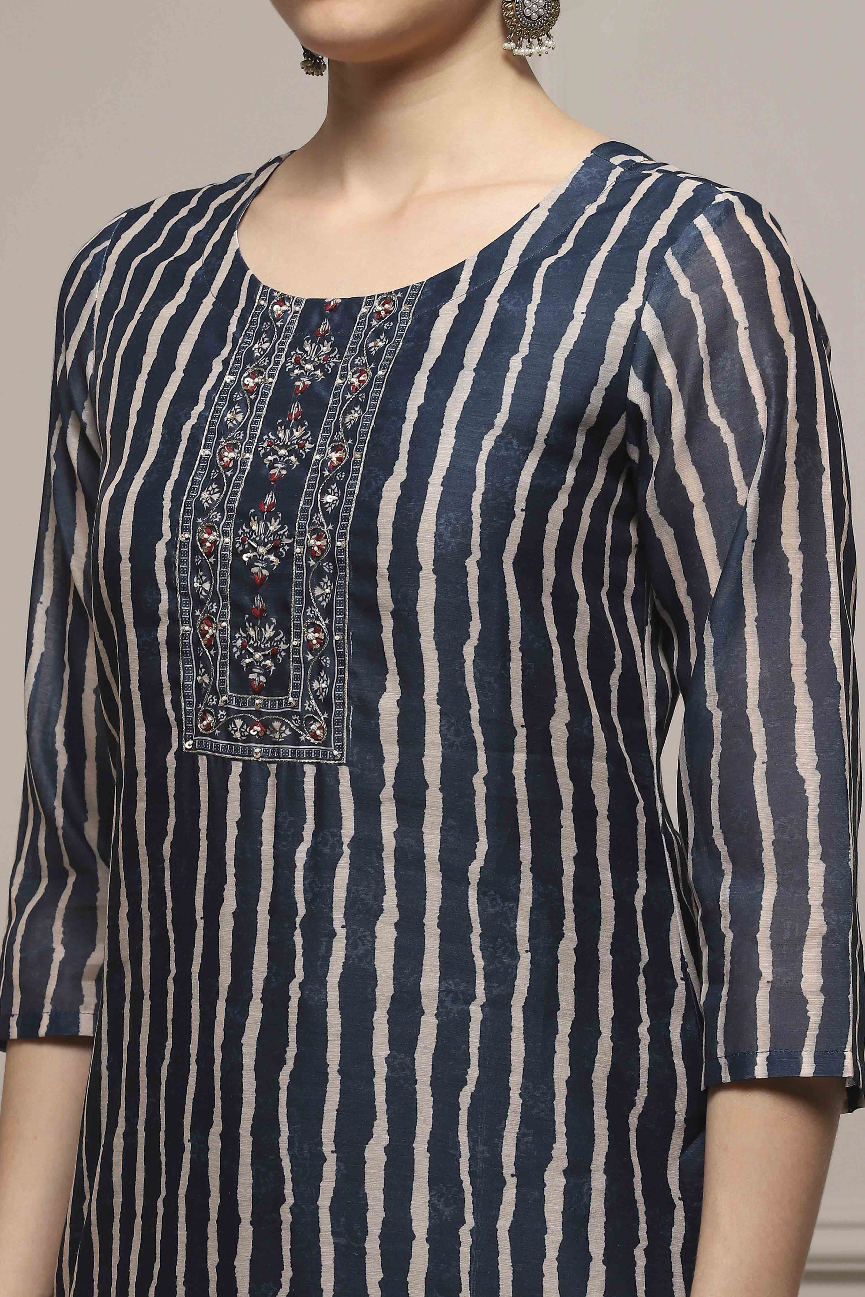 Blue Chanderi Blend Printed Embroidered Unstitched Suit Set image number 2