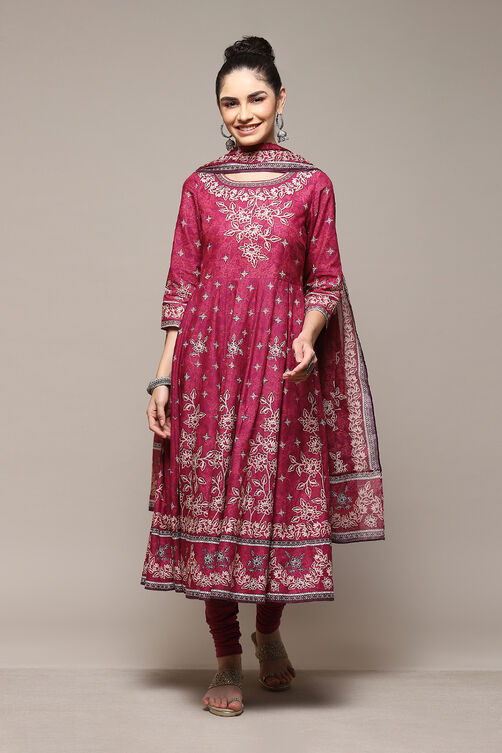 Onion Pink Cotton Anarkali Kurta Churidar Suit Set image number 7