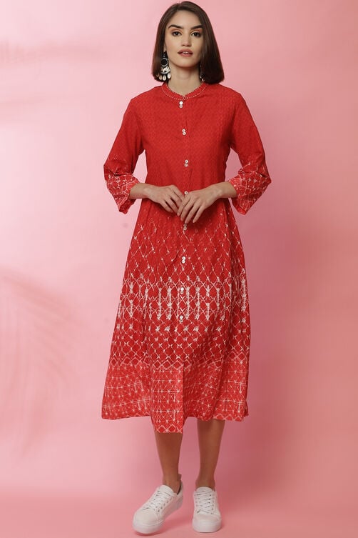 Red Rayon A-Line Printed Dress image number 3
