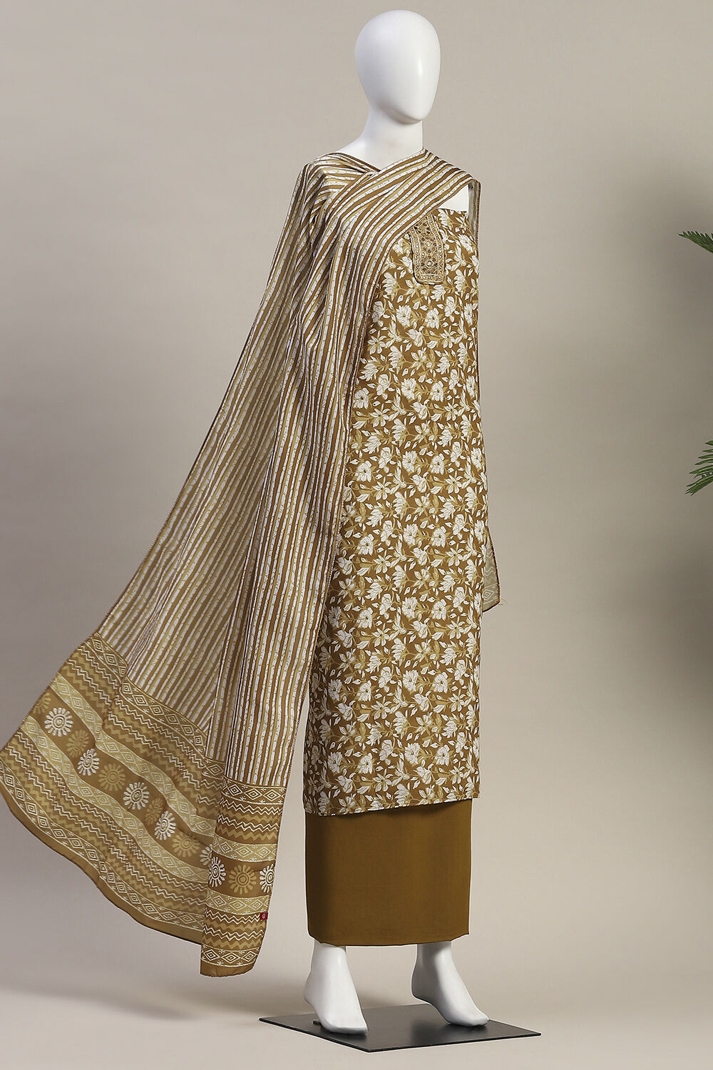 Mustard Green Cotton Printed Unstitched Suit Set image number 4