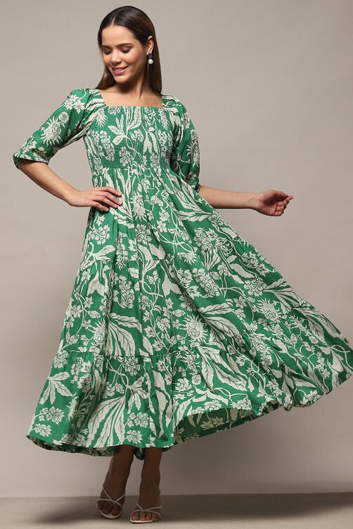 Buy Green Cotton Tiered Dress (Dress) for INR2999.00 | Biba India