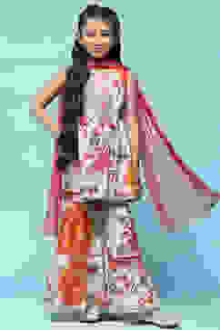 Off White Peplum Kurta With Sharara & Net Dupatta. image number 0