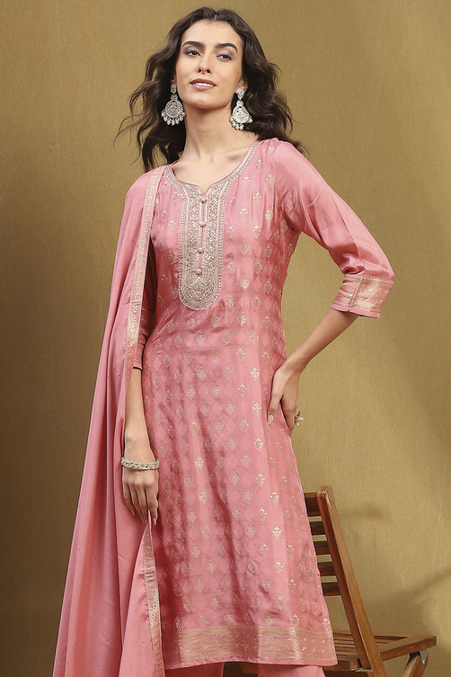 Pink Viscose Blend Yarn Dyed Straight Suit Set image number 7